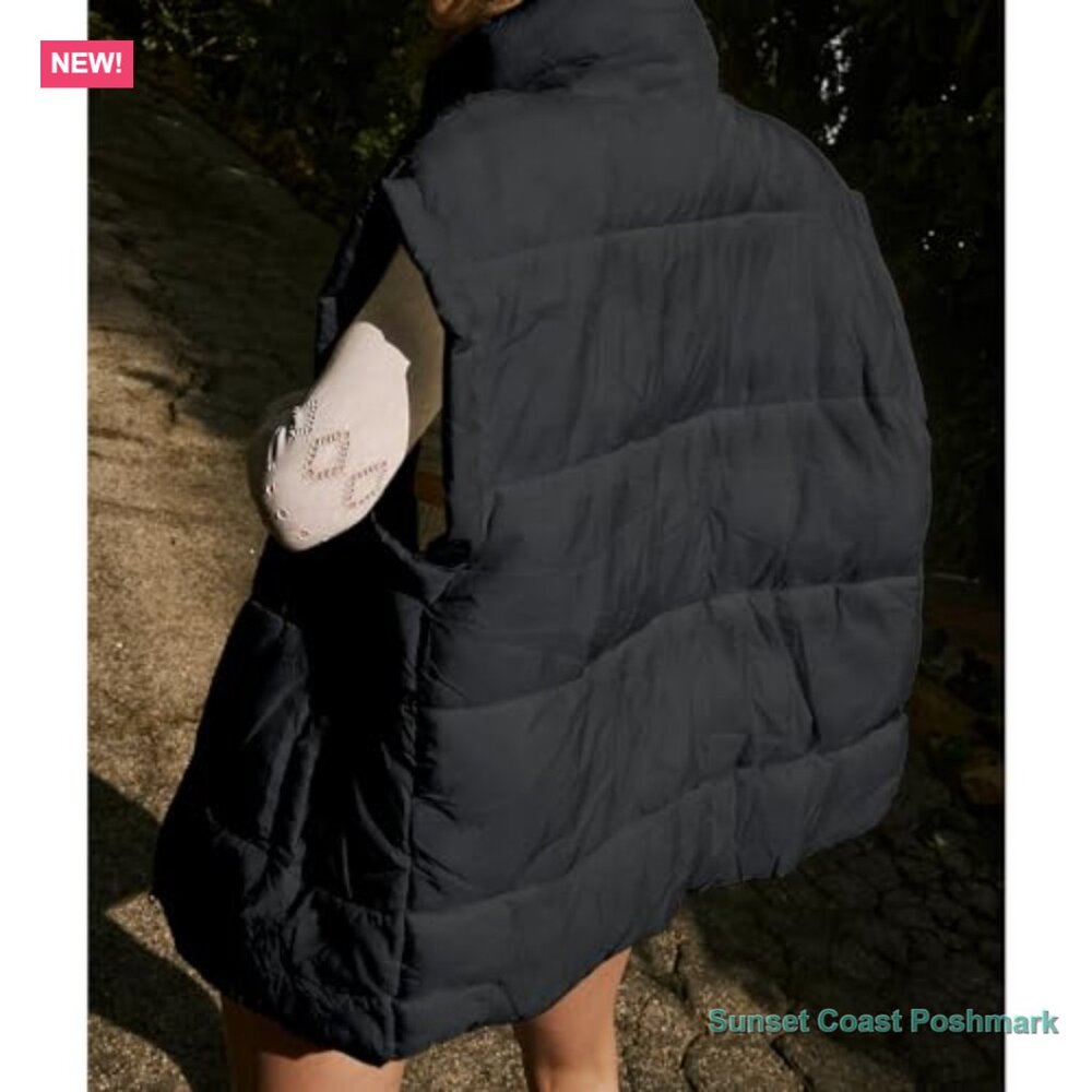 Oversized Puffer Vest Stand Collar Full Zip Sleeveless Quilted - Picture 5 of 7